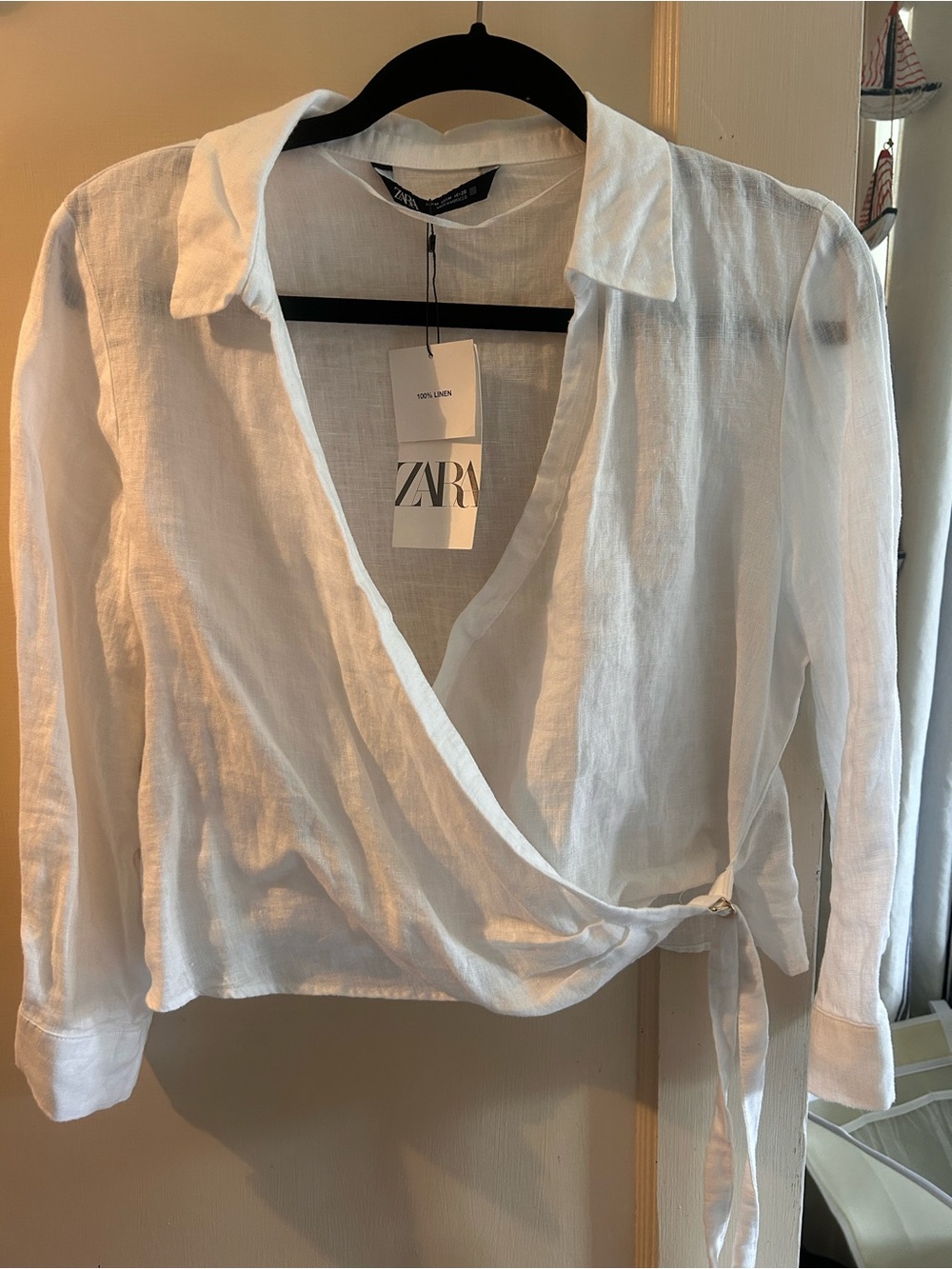 NWT ZARA White Linen Wrap Blouse with Side Tie